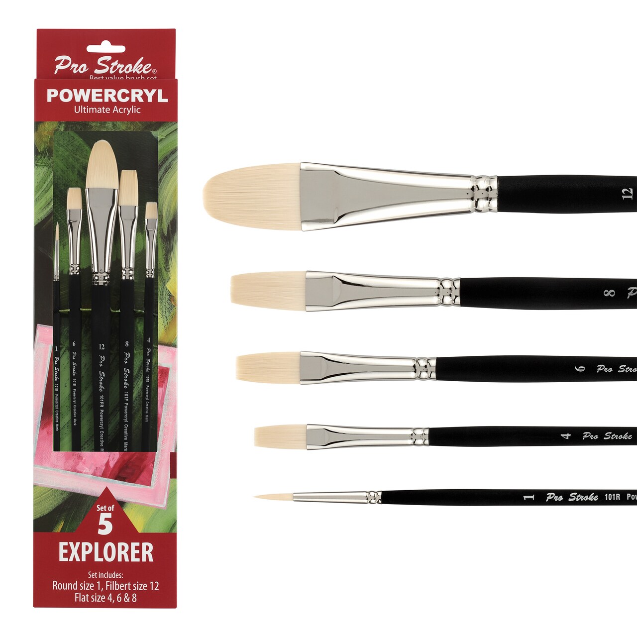 Creative Mark Pro-Stroke Powercryl Acrylic Paint Brushes - Explorer Value Set of 5 Assorted Shapes, Synthetic Brushes for Artists, Seamless Nickel-Plated Ferrules, Matte Black Handle, Soft-Touch Grip